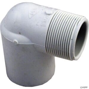 PVC pipe elbow with threaded end.