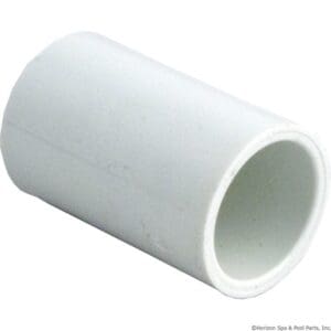 White PVC pipe coupling on white background.