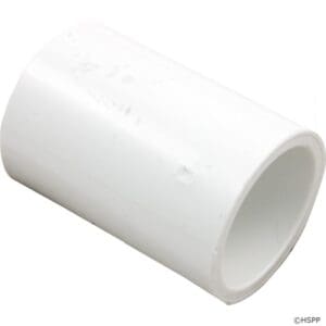 White PVC pipe coupler on white background.