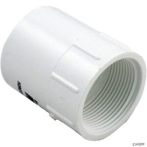 White PVC pipe connector with threads.