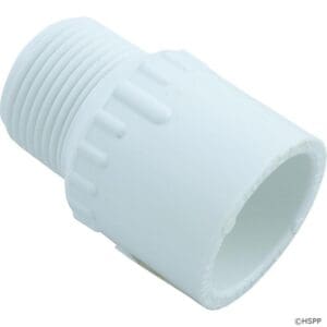 White plastic threaded pipe connector.