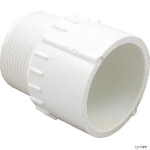 White plastic threaded pipe fitting connector.