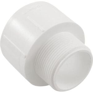 White plastic threaded pipe fitting adapter.