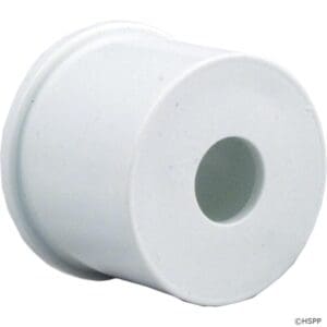 White cylindrical plastic pipe fitting adapter.
