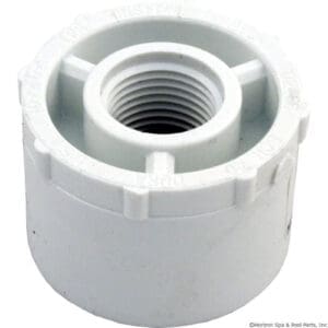 White plastic threaded pipe fitting.