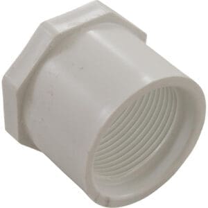 White PVC pipe fitting with threads.