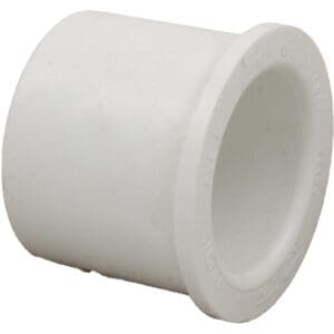White PVC pipe reducer coupling fitting.