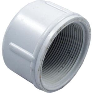White PVC threaded pipe connector fitting.