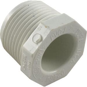 White PVC threaded pipe fitting adapter.