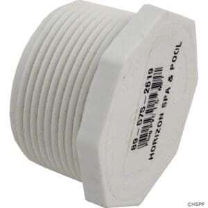 White threaded plug with barcode label.