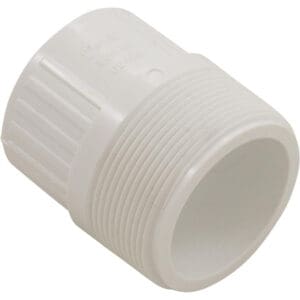White plastic threaded pipe fitting connector.