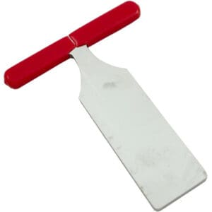 Red-handled metal ice cream spade.