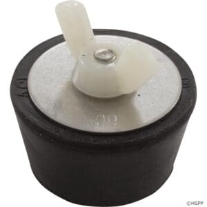 Rubber sink stopper with plastic handle.