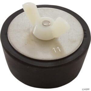 Rubber stopper with white plastic handle.