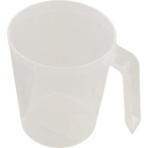 Transparent plastic measuring cup with handle.