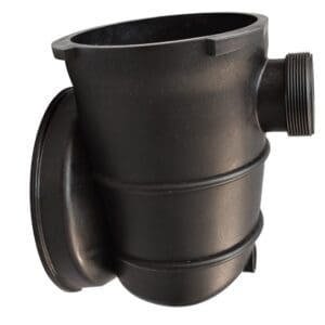 Black plastic plumbing pipe connector, side view.