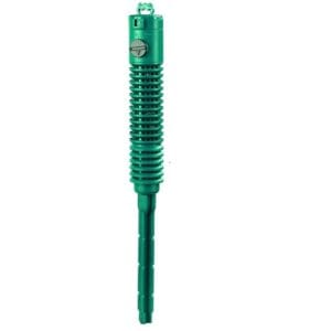 Green plastic ground anchor with ridged design.