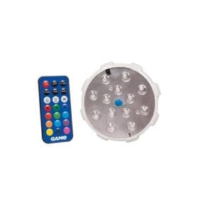 Remote control and round LED light fixture.