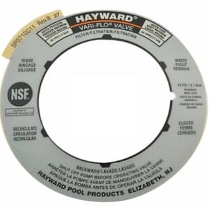 Hayward pool valve label with instructions.
