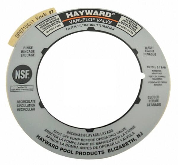 Hayward pool valve label with instructions.