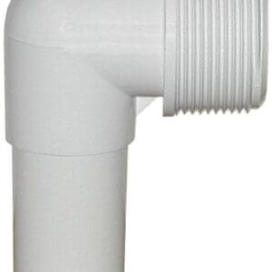 White plastic pipe elbow connector, threaded end.