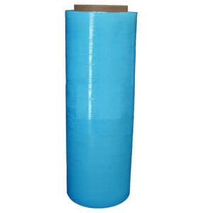 Blue protective film roll on cardboard core.