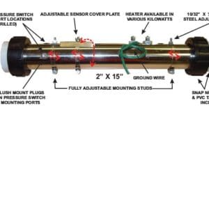 Pool heater component with labeled features diagram.