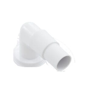 White plastic pipe elbow connector on white.