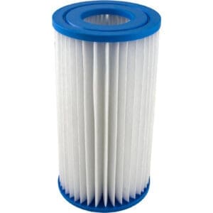 Blue and white cylindrical water filter cartridge.