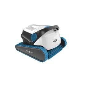 Robotic pool cleaner with blue tracks.