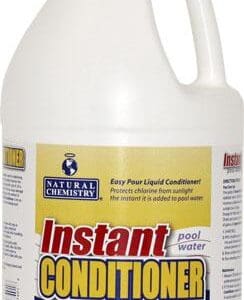 Pool water conditioner bottle with label.