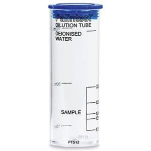 Dilution tube with blue cap and markings.
