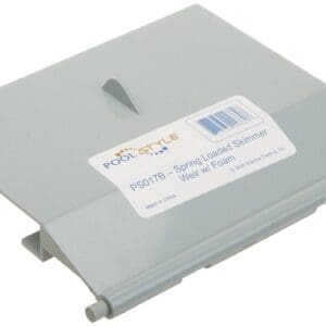 Pool skimmer weir with label and barcode.