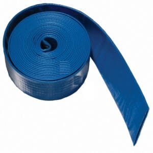 Rolled blue layflat hose on white background.