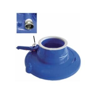 Blue plastic valve with a handle.