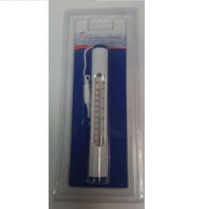 Packaged white pool thermometer with rope attached.