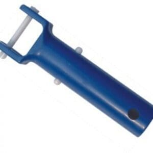 Blue handheld vegetable peeler with white blade.