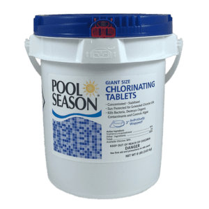 Pool Season chlorinating tablets container.