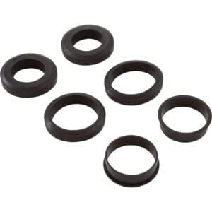 Six black rubber rings on white background.