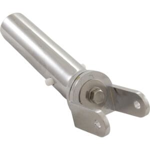 Stainless steel marine rod holder, angled view.