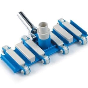 Pool vacuum head with wheels and handle.