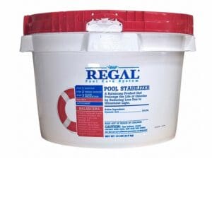 Regal pool stabilizer container with red lid.