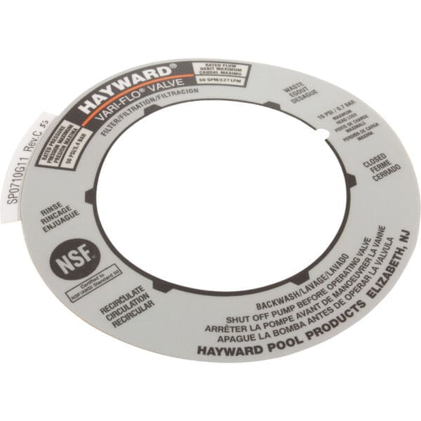 Hayward valve label with instructions and logo.