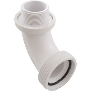 White plastic plumbing pipe connector with threads.