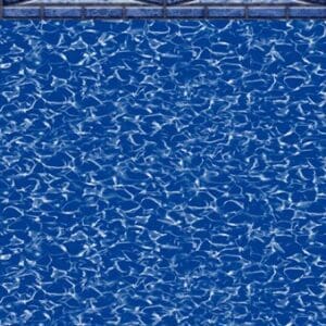 Blue pool tiles with geometric border pattern.