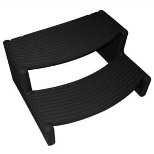 Black plastic two-step stool with ridged surface.