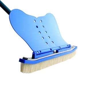 Blue pool brush with bristles and handle.