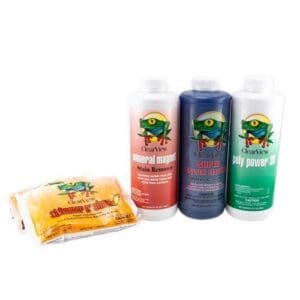 Cleaning supplies with colorful labels and packaging.