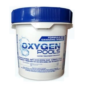 Pool treatment container with blue and white label.