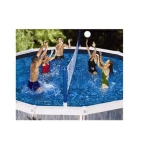 People playing volleyball in a round pool.